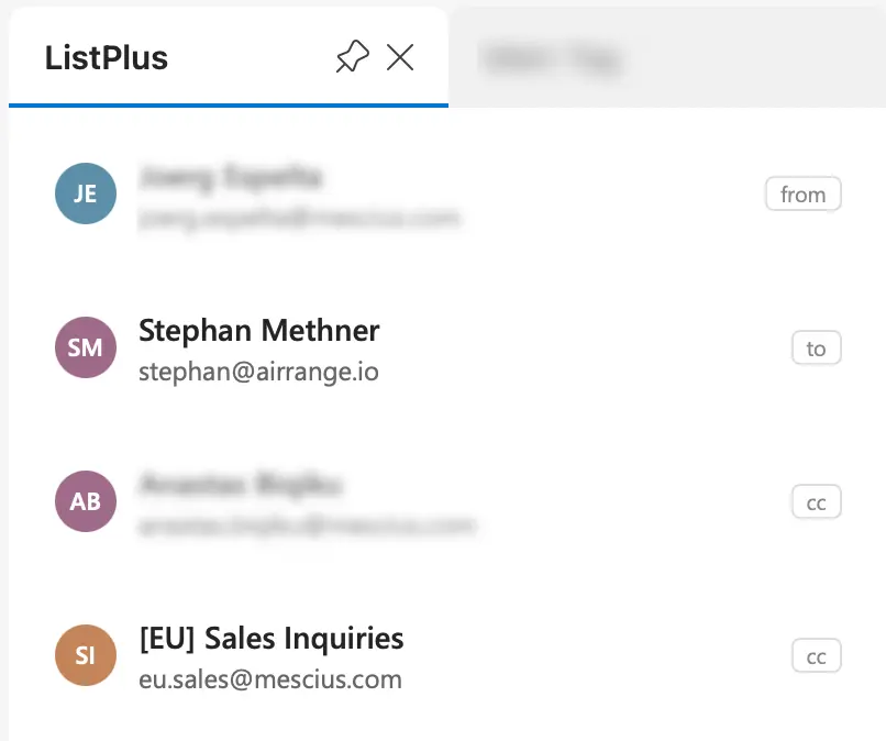 ListPlus Outlook Add-in sidebar listing every sender, recipient and CC participant from the open email thread