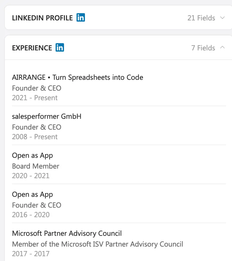 Full LinkedIn profile with headline, work experience and education rendered directly inside the Outlook sidebar