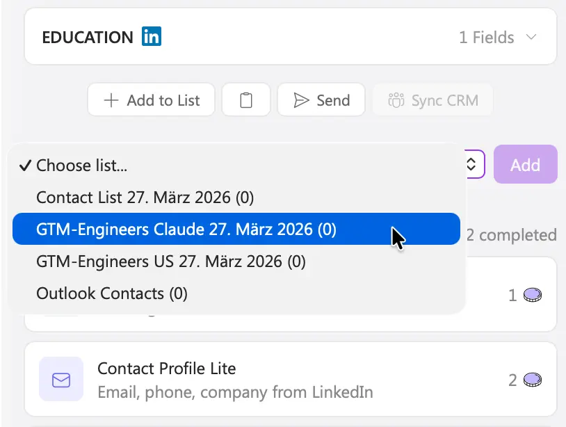 Exporting an enriched Outlook contact to a ListPlus list, CRM or webhook (Zapier, Power Automate, Make) in one click