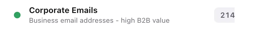 ListPlus Corporate Emails check with a green marker and a count of 214 contacts.