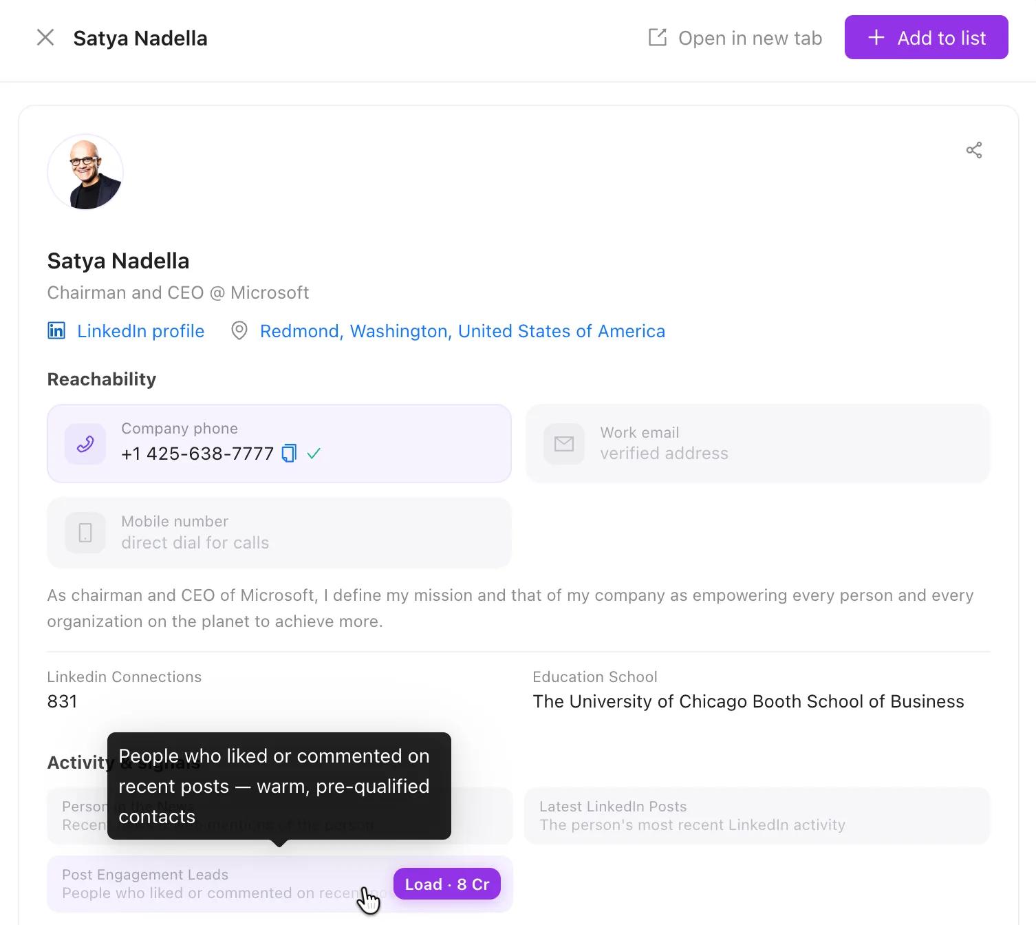 ListPlus person detail for Satya Nadella with profile context, reachability and enrichment actions for news, LinkedIn posts and post-engagement leads.