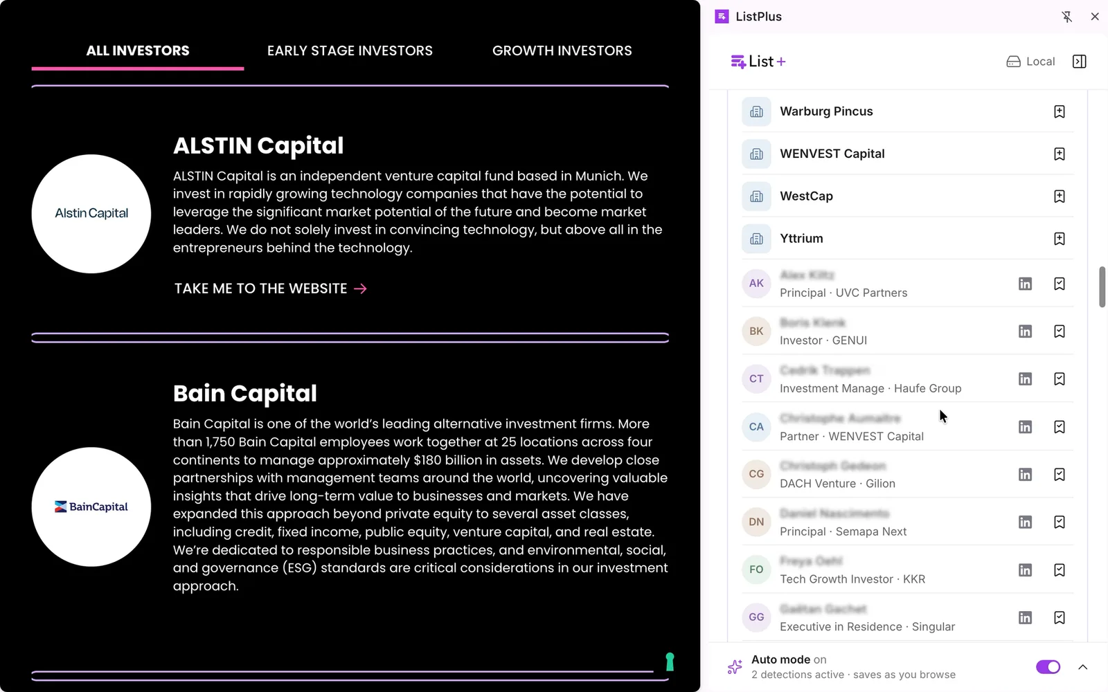 Die ListPlus-Seitenleiste mit den auf einem Investorenverzeichnis gefundenen Firmen und Personen als gemerkte Einträge