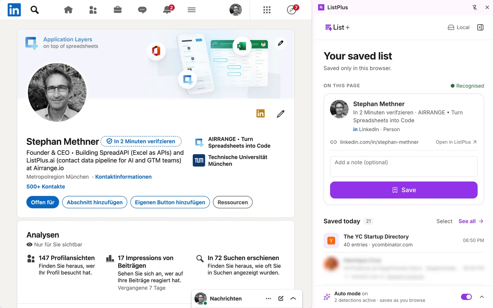 Ein LinkedIn-Profil mit geöffnetem ListPlus-Seitenpanel: die Karte der erkannten Person, ein Notizfeld und der Button Speichern.
