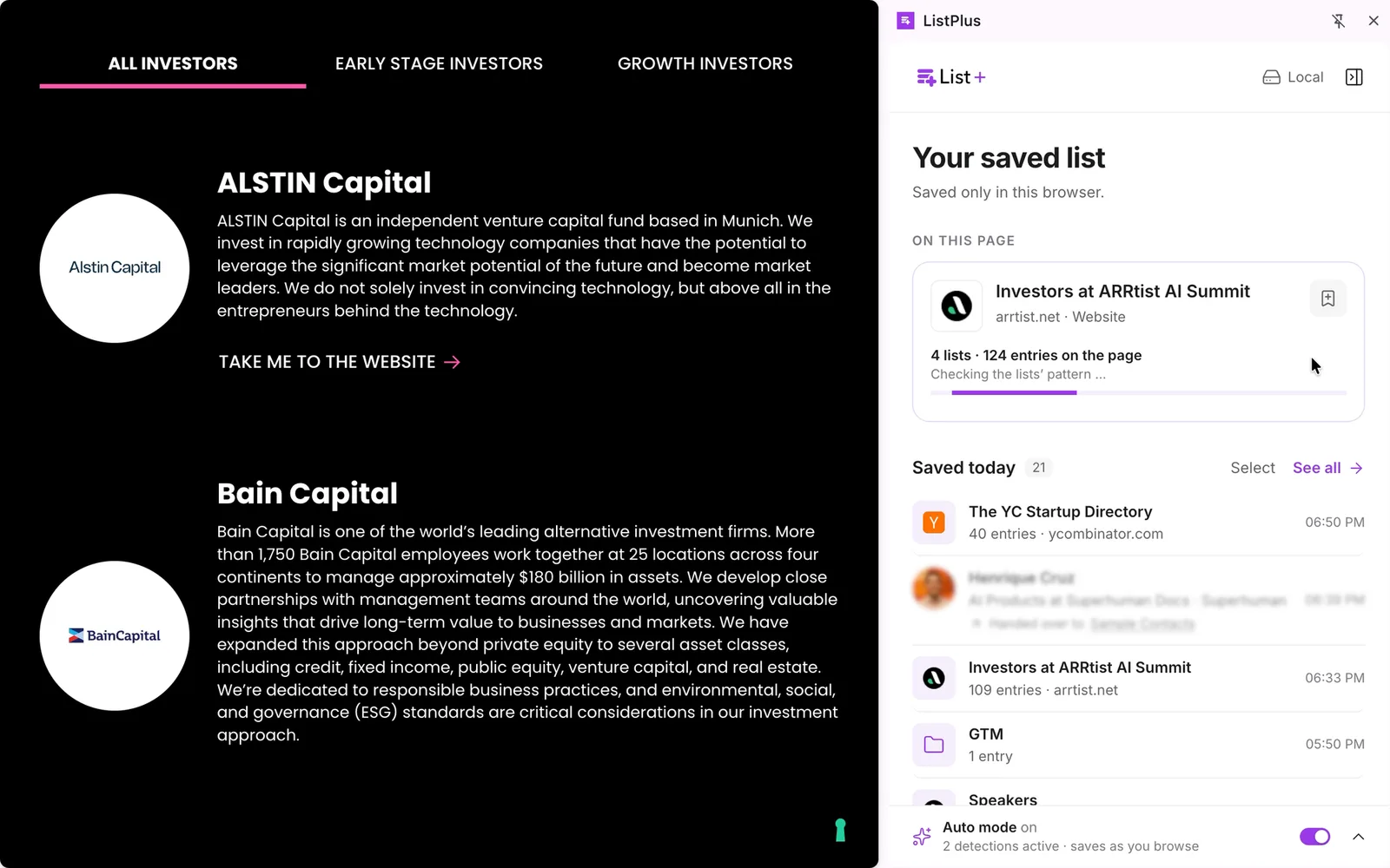 Die ListPlus-Seitenleiste neben einem Investorenverzeichnis, während die Erweiterung das Kartenmuster prüft.
